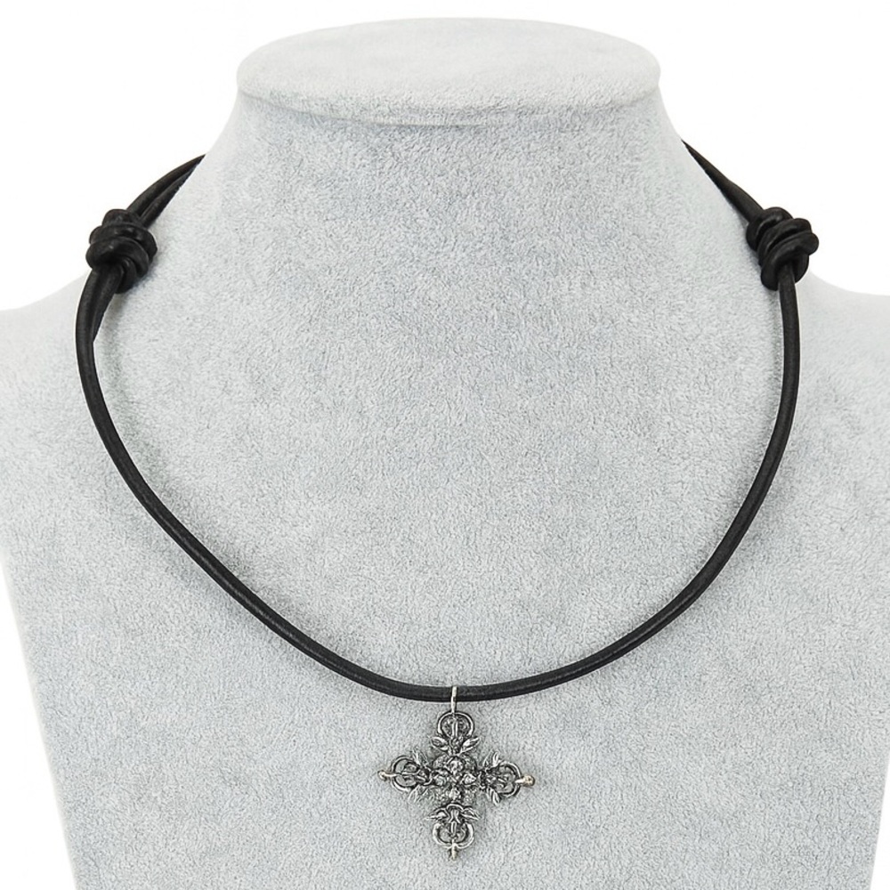 925 Sterling Silver 3D Cross Pendant on Adjustable Leather Choker Necklace NEW